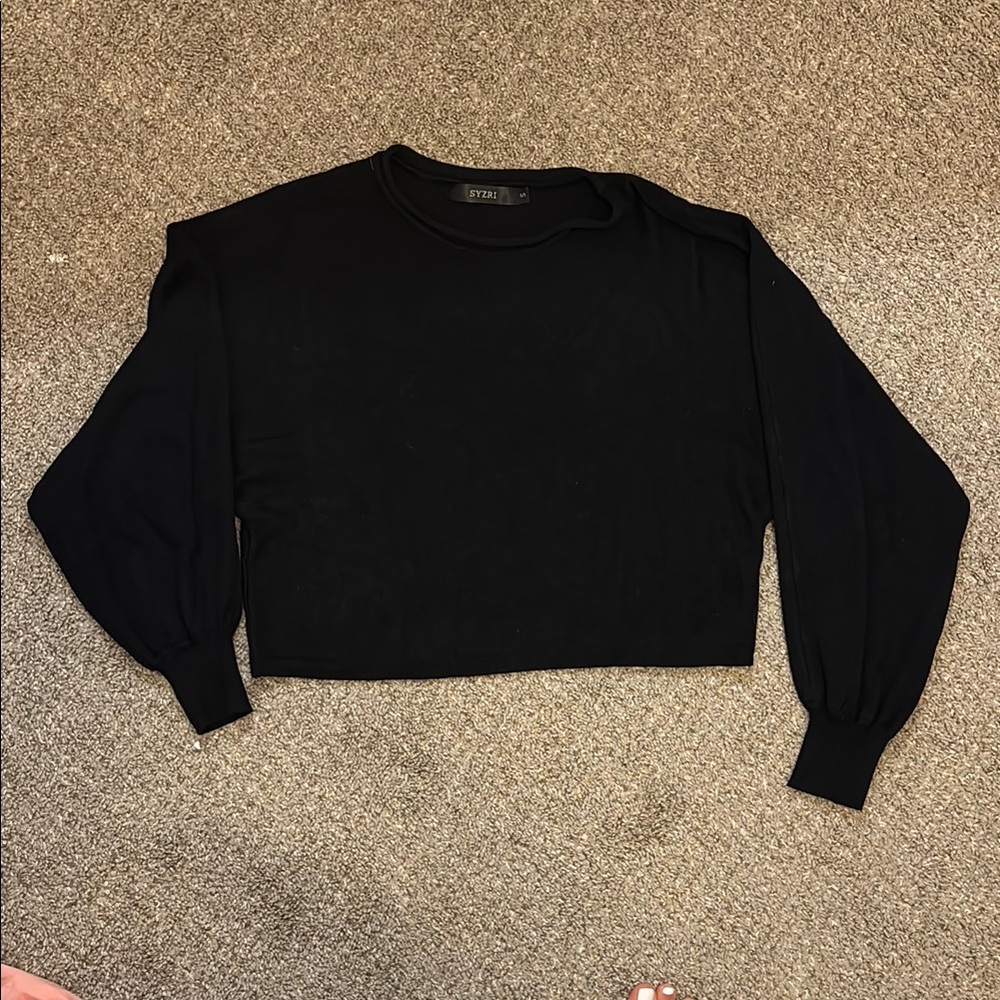 Black Cropped Ribbed Long Sleeve Hoodie